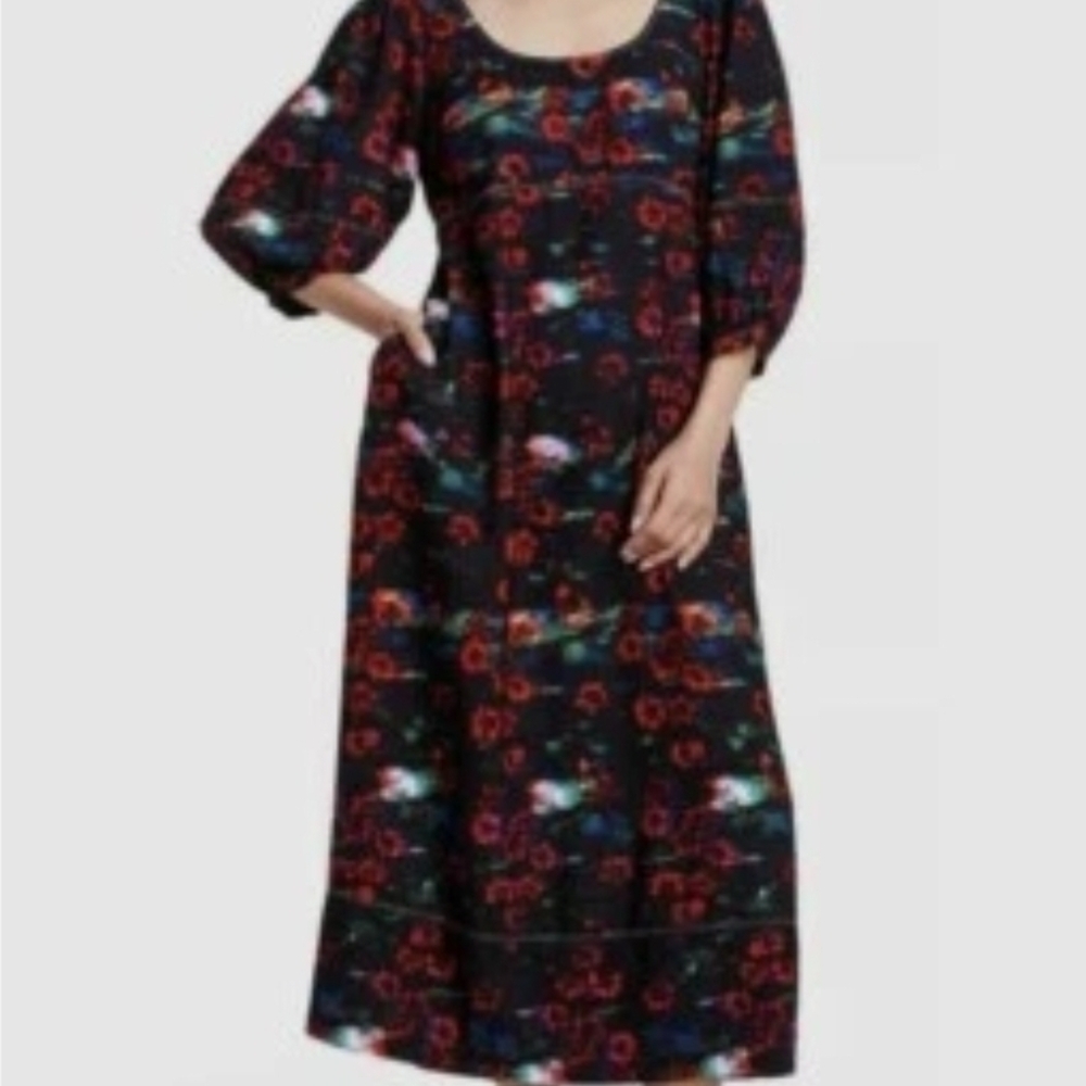 Rachel Comey Black Midi Dress with Red Floral Print With Pockets